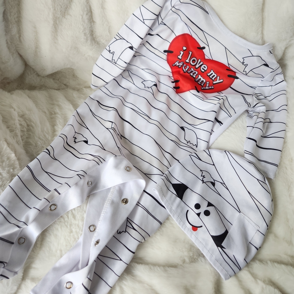 White Baby Mummy Romper & Hat Set with Red Heart